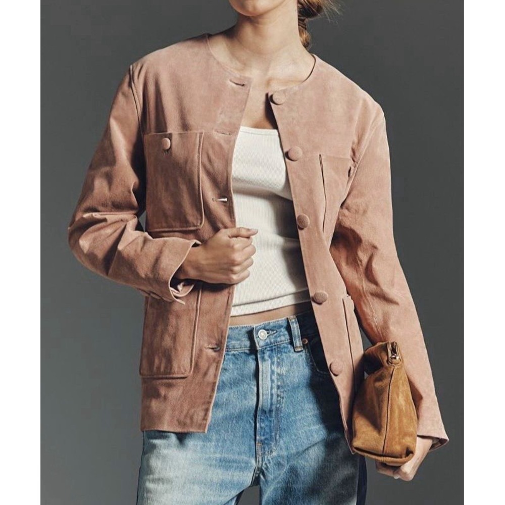 BLANKNYC women's real suede collarless jacket button front jacket mid-length S